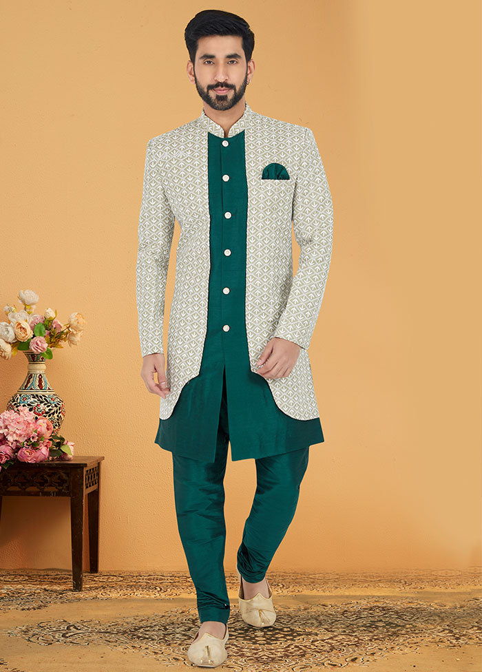 2 Pc Sea Green Dupion Silk Kurta And Pajama Set - Indian Silk House Agencies