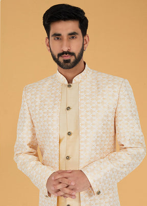 2 Pc Light Yellow Dupion Silk Kurta And Pajama Set - Indian Silk House Agencies