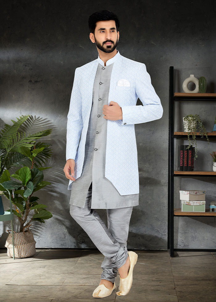 2 Pc Sky Blue Cotton Kurta And Pajama Set - Indian Silk House Agencies