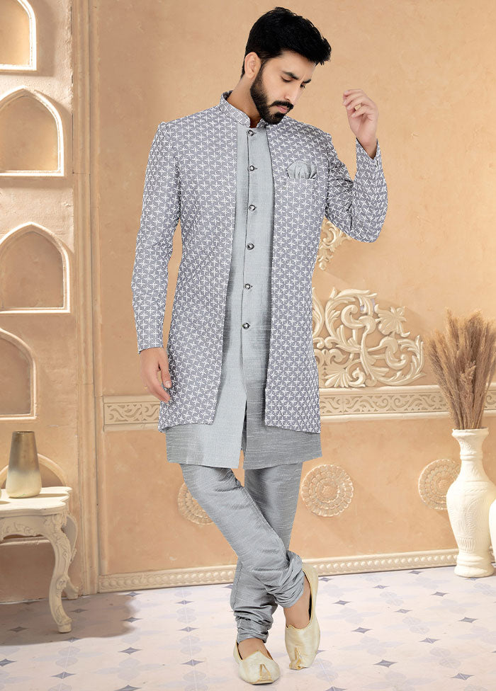 2 Pc Grey Georgette Kurta And Pajama Set - Indian Silk House Agencies