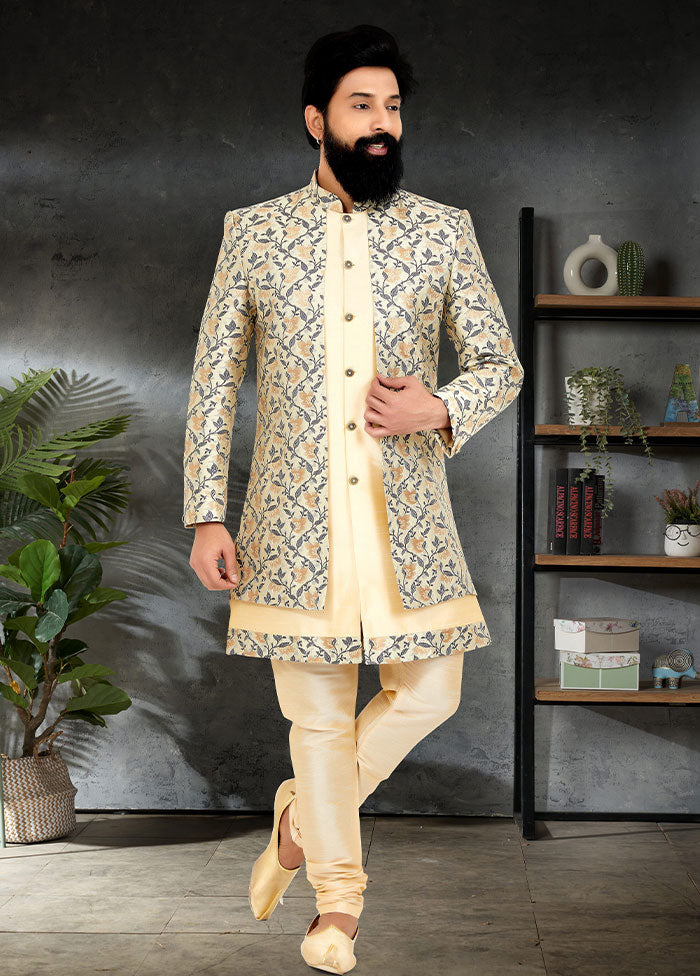 2 Pc Cream Dupion Silk Kurta And Pajama Set - Indian Silk House Agencies