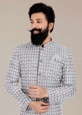 2 Pc Grey Dupion Silk Kurta And Pajama Set - Indian Silk House Agencies