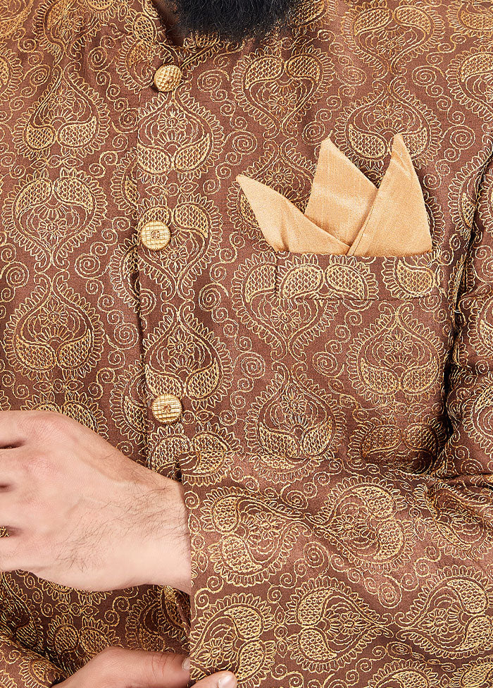 2 Pc Brown Dupion Silk Kurta And Pajama Set - Indian Silk House Agencies
