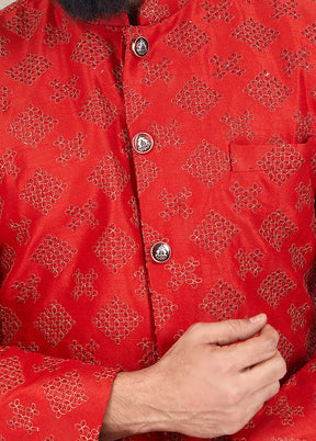 2 Pc Red Dupion Silk Kurta And Pajama Set - Indian Silk House Agencies