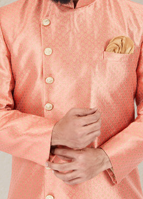 2 Pc Peach Dupion Silk Kurta And Pajama Set - Indian Silk House Agencies