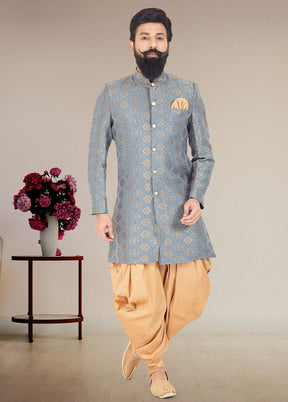 2 Pc Greyish Blue Dupion Silk Kurta And Pajama Set - Indian Silk House Agencies