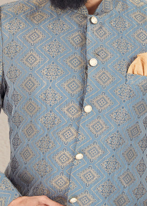 2 Pc Greyish Blue Dupion Silk Kurta And Pajama Set - Indian Silk House Agencies