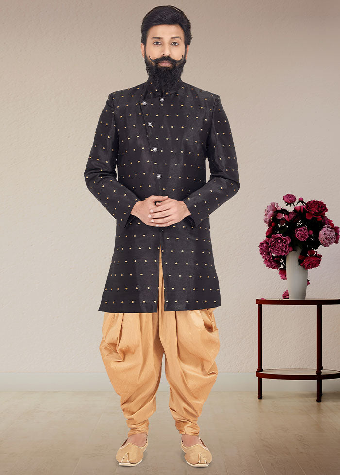 2 Pc Black Dupion Silk Kurta And Pajama Set - Indian Silk House Agencies