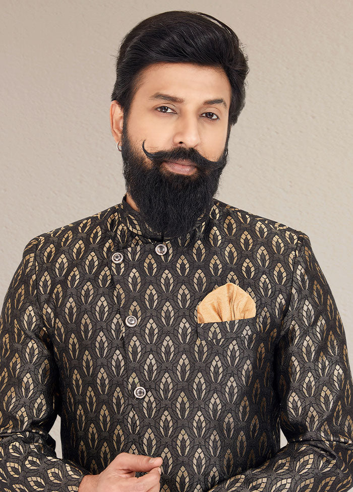 2 Pc Black Dupion Silk Kurta And Pajama Set - Indian Silk House Agencies