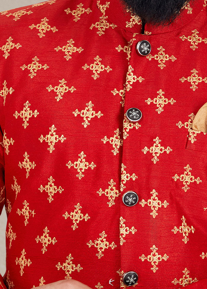 2 Pc Red Dupion Silk Kurta And Pajama Set - Indian Silk House Agencies