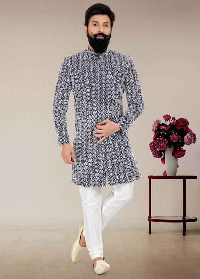 2 Pc Navy Blue Dupion Silk Kurta And Pajama Set - Indian Silk House Agencies