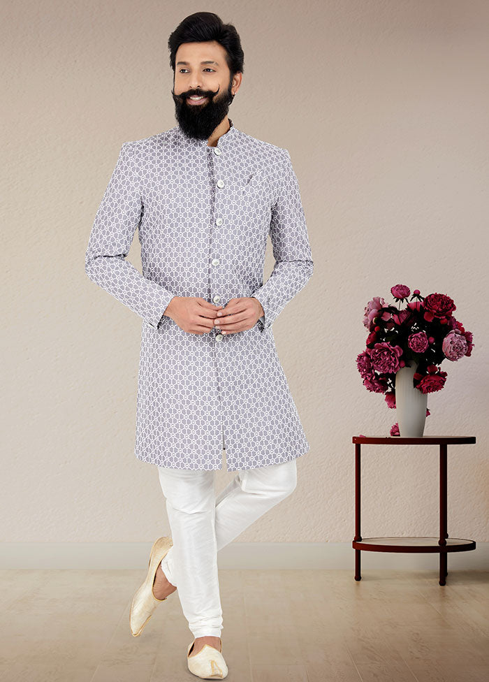 2 Pc Grayish Lavender Dupion Silk Kurta And Pajama Set - Indian Silk House Agencies