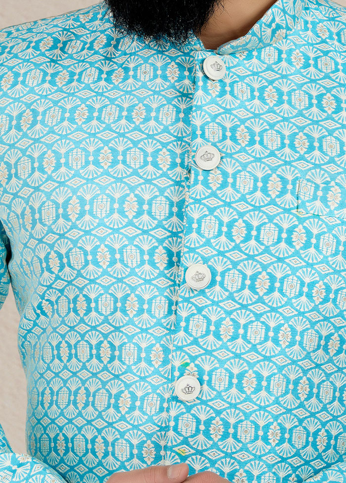 2 Pc Sky Blue Dupion Silk Kurta And Pajama Set