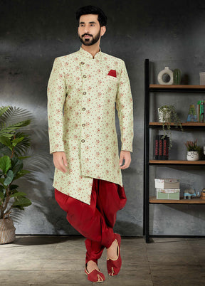 2 Pc Lime Green Dupion Silk Kurta And Pajama Set - Indian Silk House Agencies