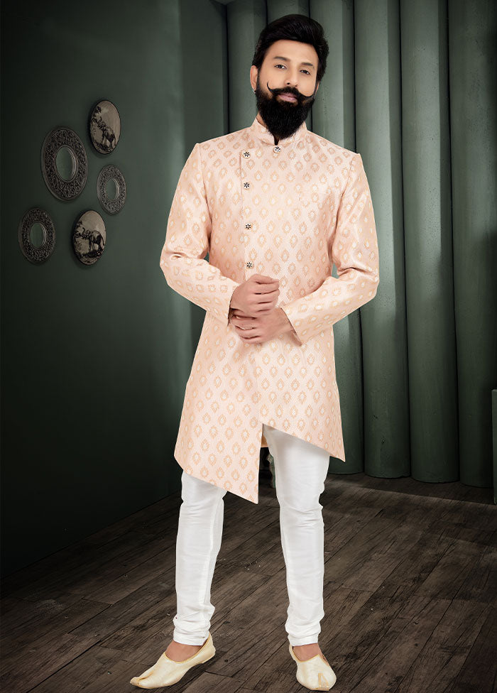 2 Pc Peach Dupion Silk Kurta And Pajama Set - Indian Silk House Agencies