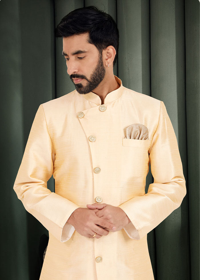 2 Pc Yellow Dupion Silk Kurta And Pajama Set - Indian Silk House Agencies