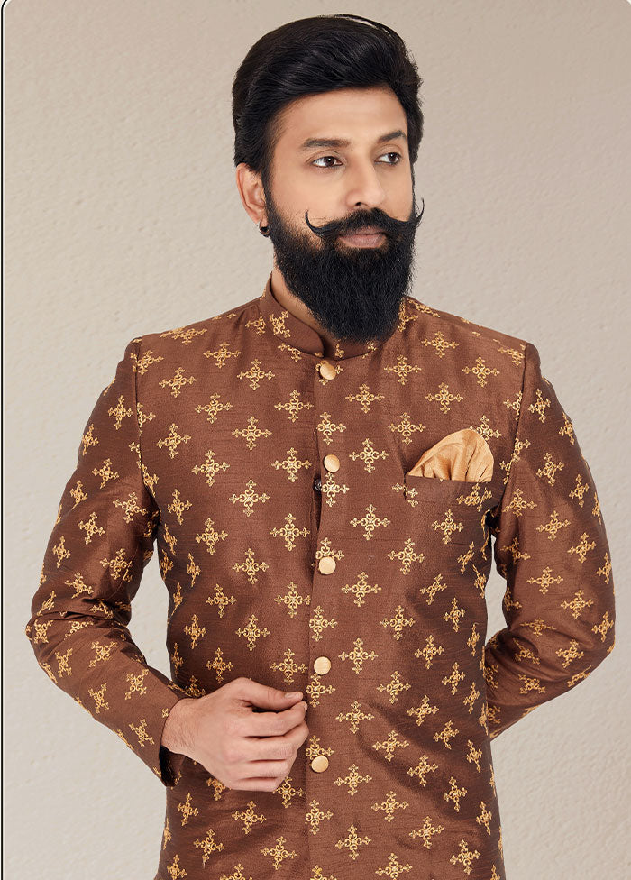2 Pc Brown Dupion Silk Kurta And Pajama Set - Indian Silk House Agencies