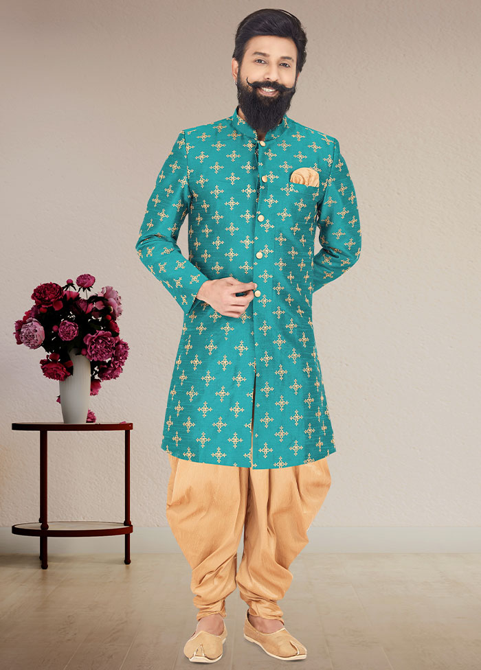 2 Pc Sea Green Dupion Silk Kurta And Pajama Set - Indian Silk House Agencies