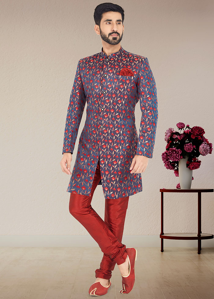 2 Pc Blue Dupion Silk Kurta And Pajama Set - Indian Silk House Agencies