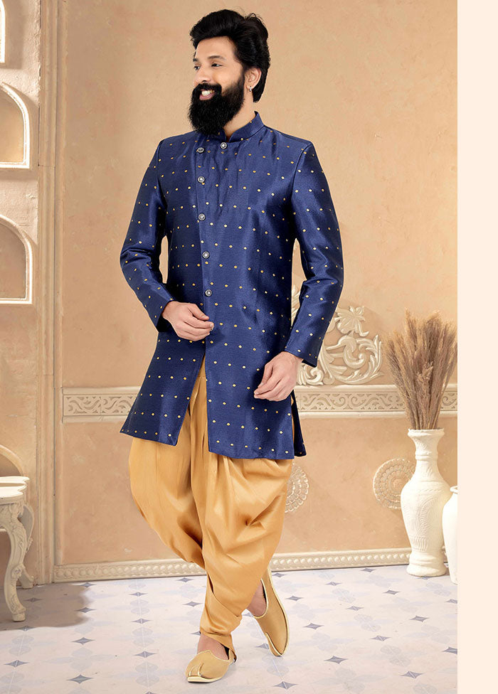 2 Pc Navy Blue Dupion Silk Kurta And Pajama Set - Indian Silk House Agencies