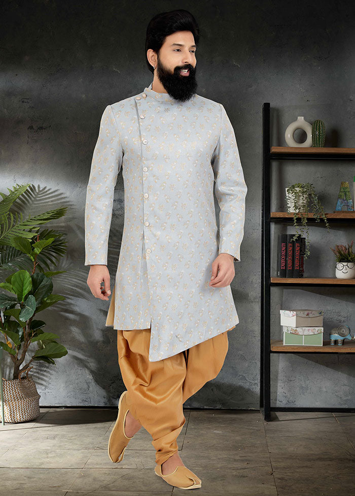 2 Pc Grey Dupion Silk Kurta And Pajama Set - Indian Silk House Agencies