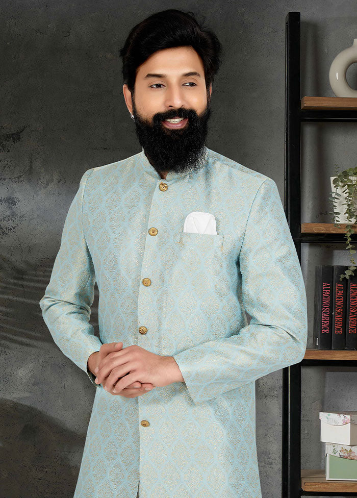 2 Pc Sky Blue Dupion Silk Kurta And Pajama Set - Indian Silk House Agencies