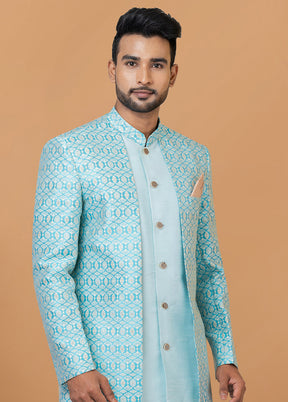 2 Pc Sky Blue Silk Kurta Pajama Set - Indian Silk House Agencies