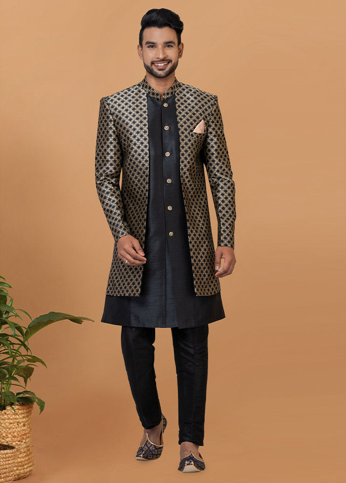 2 Pc Black Silk Kurta Pajama Set - Indian Silk House Agencies