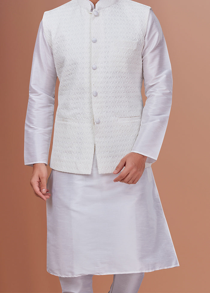 3 Pc White Dupion Silk Ethnic Wear Set - Indian Silk House Agencies