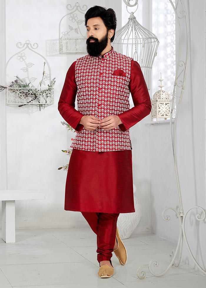 3 Pc Maroon Dupion Silk Ethnic Wear - Indian Silk House Agencies