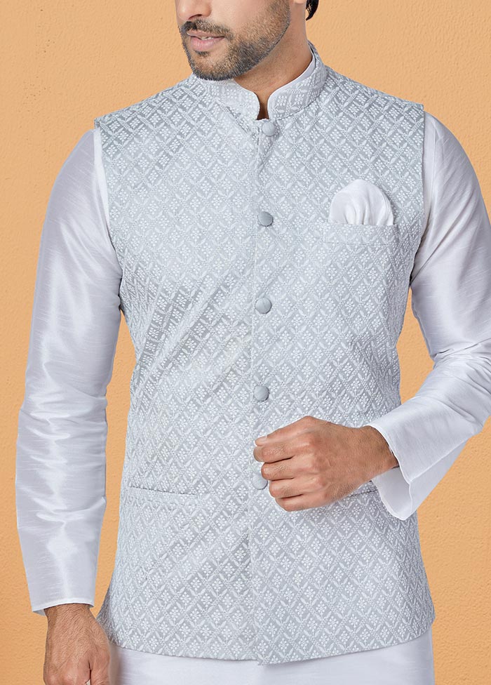 3 Pc White Dupion Silk Ethnic Wear