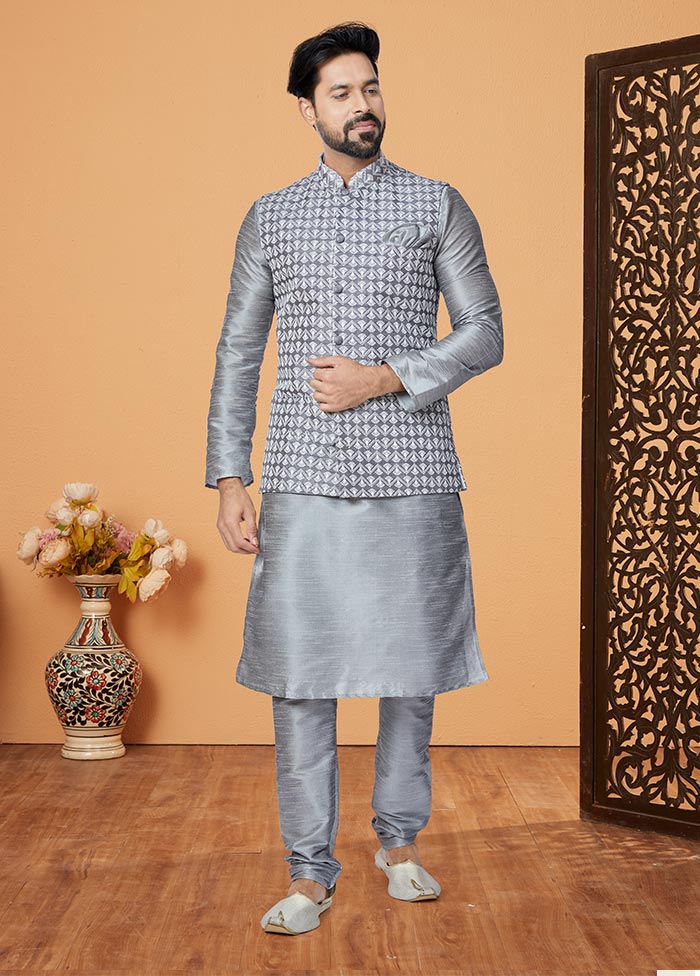 3 Pc Grey Dupion Silk Ethnic Wear - Indian Silk House Agencies