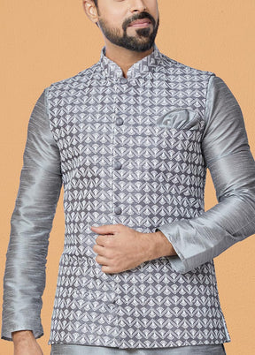 3 Pc Grey Dupion Silk Ethnic Wear - Indian Silk House Agencies