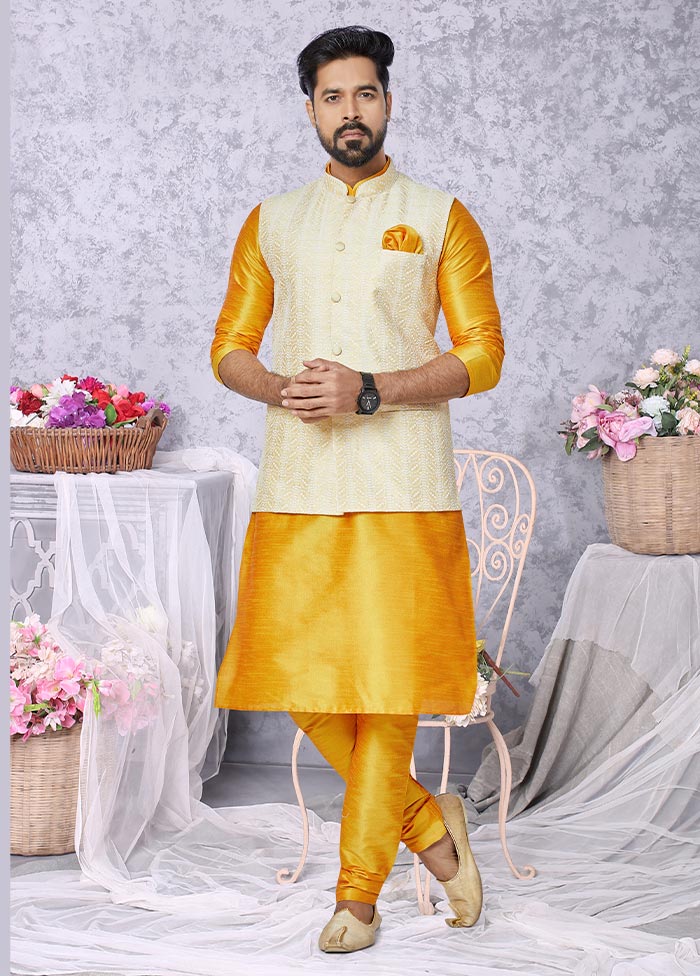 3 Pc Mustard Dupion Silk Ethnic Wear - Indian Silk House Agencies
