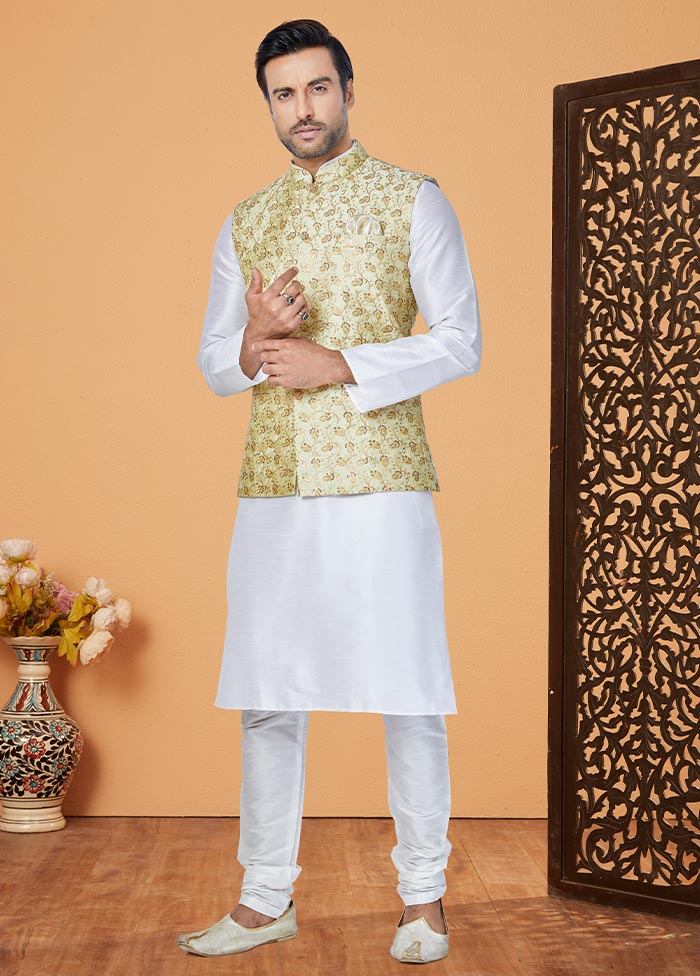 3 Pc White Dupion Silk Ethnic Wear - Indian Silk House Agencies