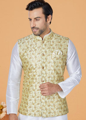 3 Pc White Dupion Silk Ethnic Wear - Indian Silk House Agencies