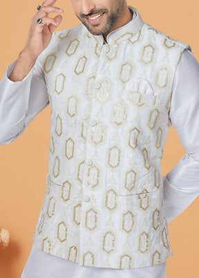 3 Pc Off White Dupion Silk Ethnic Wear - Indian Silk House Agencies