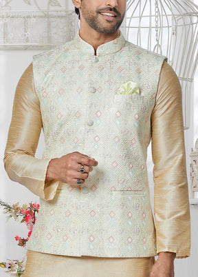 3 Pc Cream Dupion Silk Ethnic Wear - Indian Silk House Agencies