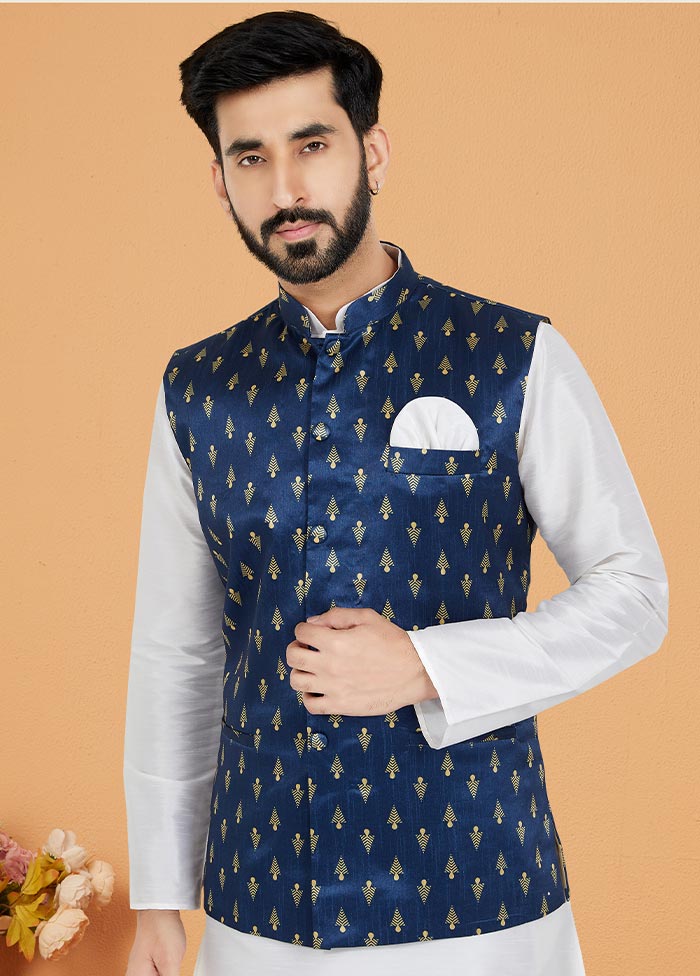 3 Pc White Dupion Silk Kurta Pajama Set - Indian Silk House Agencies