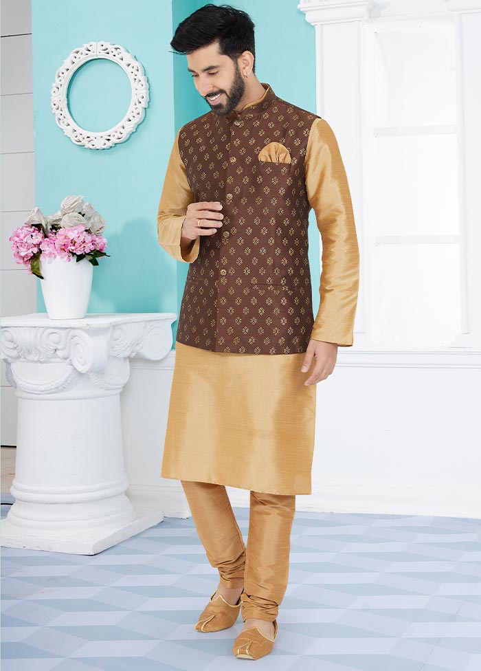 3 Pc Chiku Dupion Silk Kurta Pajama Set - Indian Silk House Agencies