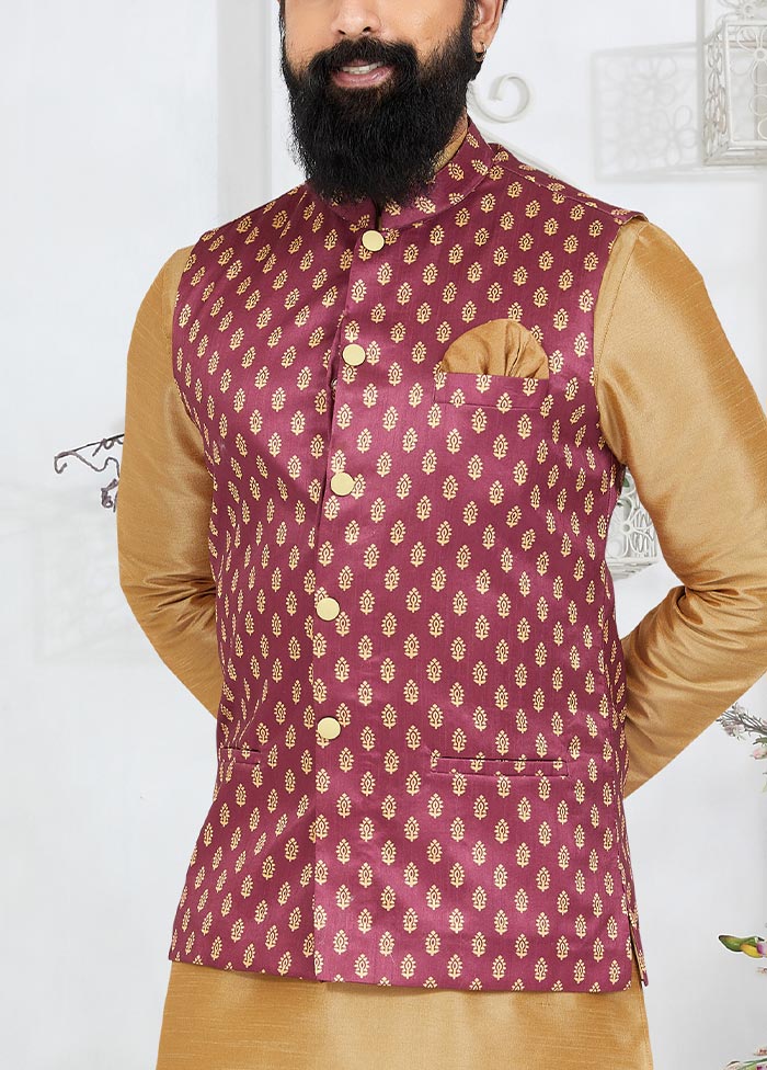 3 Pc Chiku Dupion Silk Kurta Pajama Set - Indian Silk House Agencies