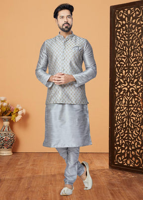 3 Pc Grey Dupion Silk Kurta Pajama Set - Indian Silk House Agencies