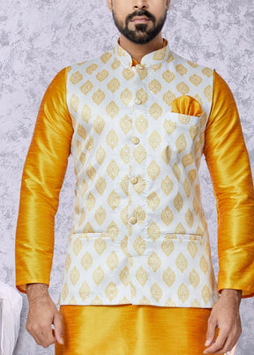 3 Pc Mustard Dupion Silk Kurta Pajama Set - Indian Silk House Agencies