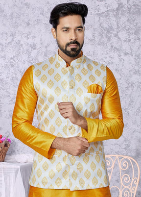 3 Pc Mustard Dupion Silk Kurta Pajama Set - Indian Silk House Agencies