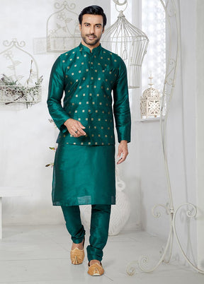 3 Pc Rama Green Dupion Silk Kurta Pajama Set - Indian Silk House Agencies
