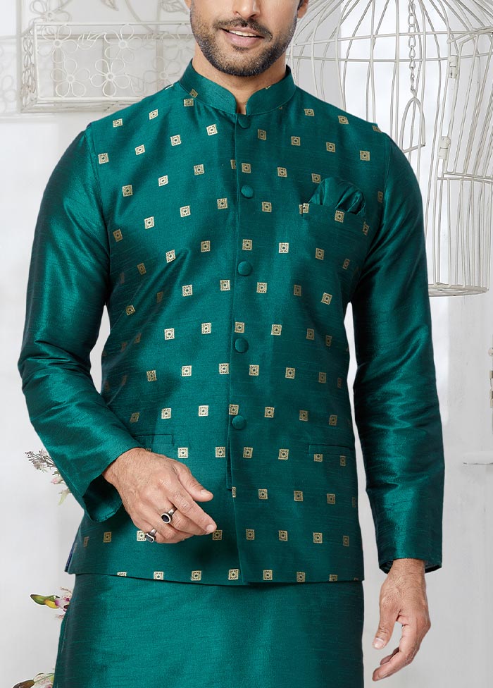 3 Pc Rama Green Dupion Silk Kurta Pajama Set - Indian Silk House Agencies