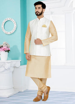 3 Pc Cream Dupion Silk Kurta Pajama Set - Indian Silk House Agencies