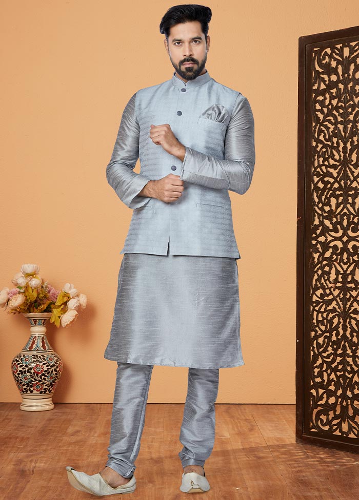 3 Pc Grey Dupion Silk Kurta Pajama Set - Indian Silk House Agencies