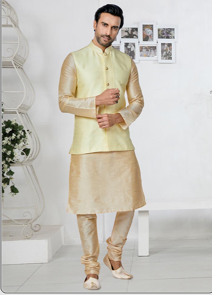 3 Pc Cream Dupion Silk Kurta Pajama Set - Indian Silk House Agencies