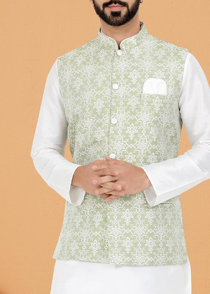 3 Pc White Dupion Silk Kurta Pajama Set - Indian Silk House Agencies